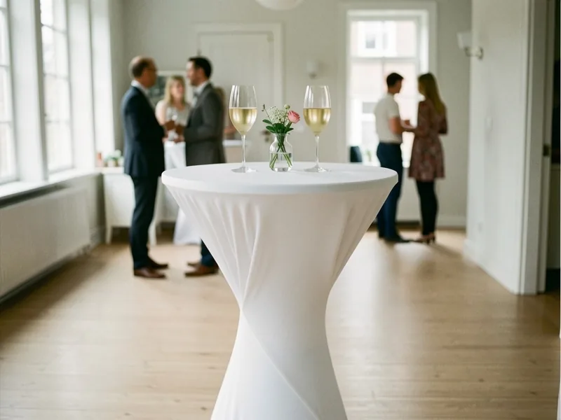 Højt rundt ståbord med hvidt stræk-betræk, to glas bobler og en lille vase ved en reception
