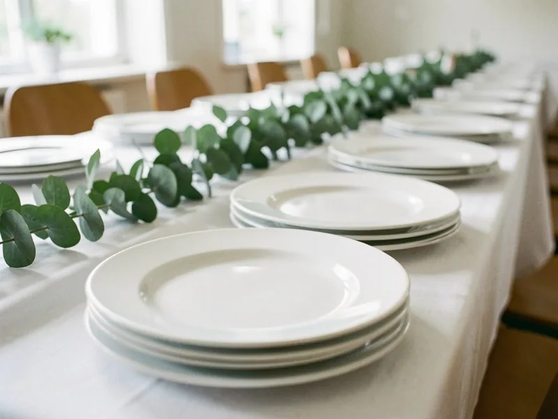 Stakke af hvide porcelænstallerkener på et langbord med hvid dug og eukalyptus i et lyst festlokale