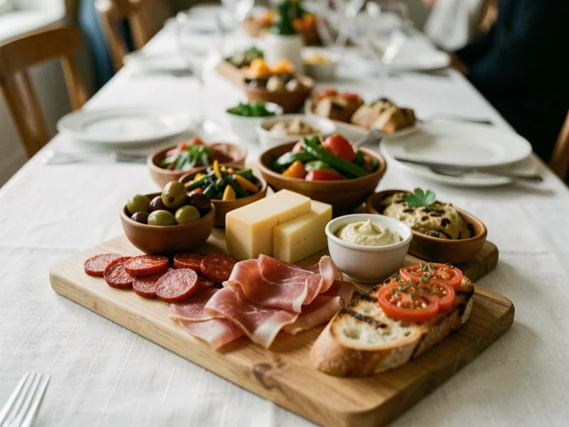 Tapasbræt med chorizo, lufttørret skinke, manchego, brød med tomat, oliven og aioli