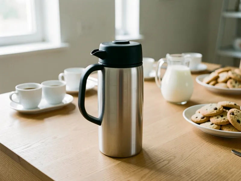 Termokande i børstet stål med sort låg og hank på et egetræsbord med kaffekopper, mælkekande og småkager