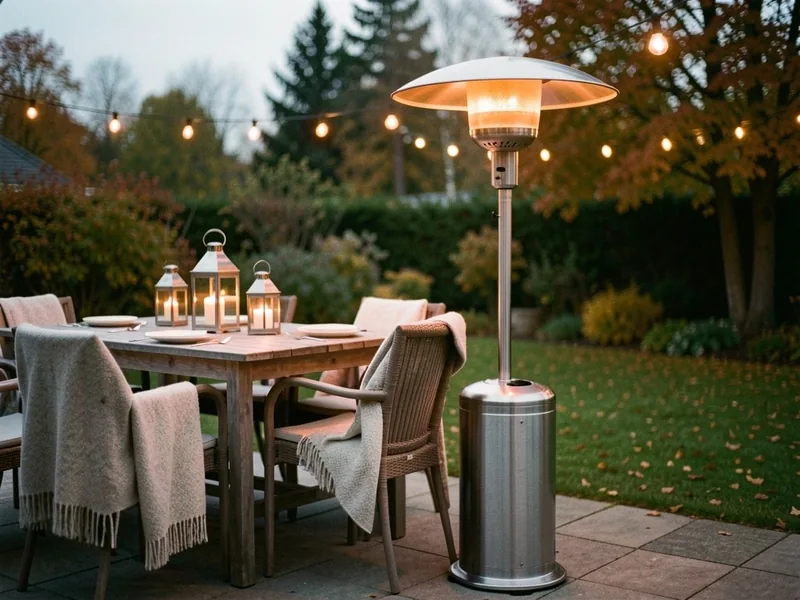 Terrassevarmer i stål tændt ved et terrassebord med tæpper, lanterner og lyskæde i skumringen