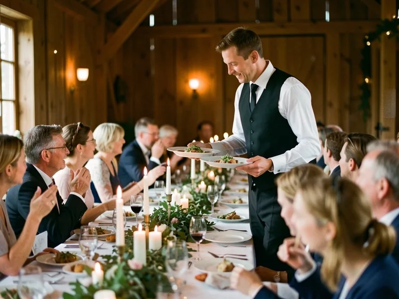 Tjener i vest serverer to tallerkener ved et langbord til bryllup i en lade med stearinlys