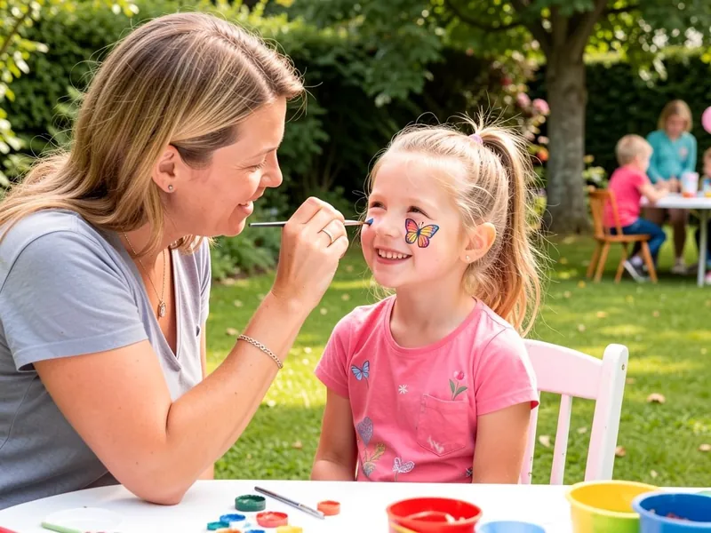 Ansigtsmaler maler en farverig sommerfugl på kinden af en smilende pige til børnefødselsdag i haven