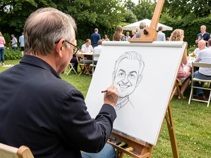 Karikaturtegner ved staffeli tegner en portrættegning med blyant til en havefest