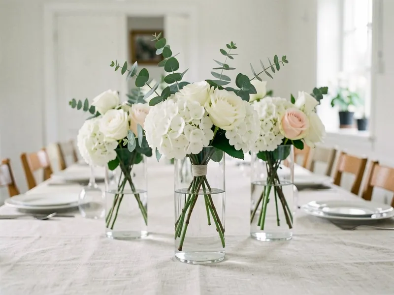 Tre glasvaser i forskellige højder med hvide hortensia, roser og eukalyptus på et langbord med hørdug