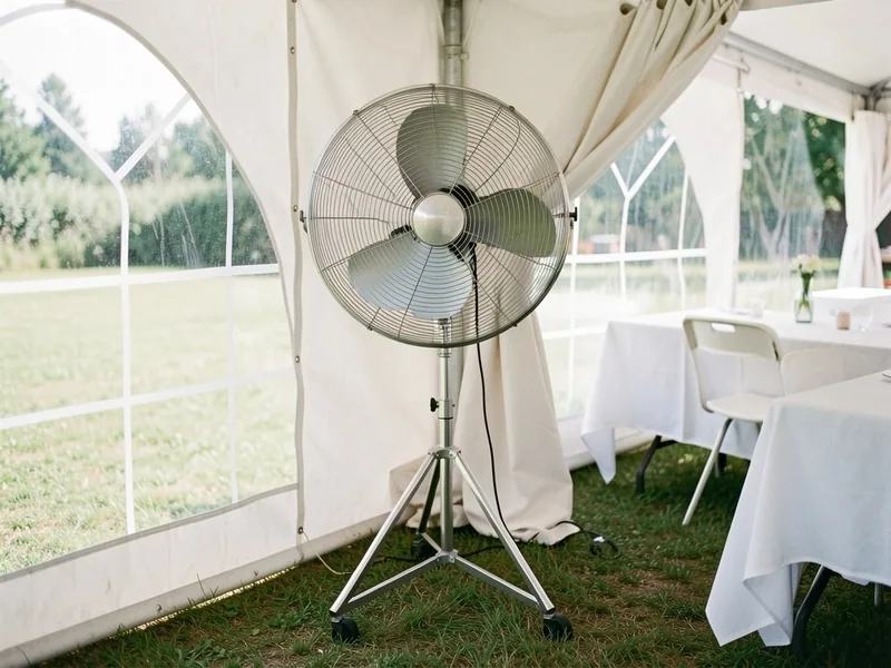 Standerventilator på hjul i et festtelt med oprullede sider og borde med hvide duge