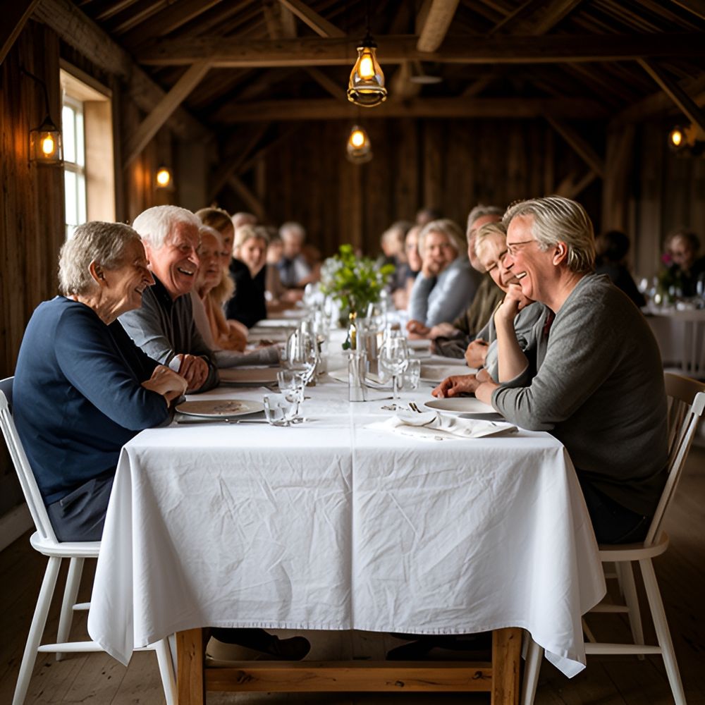 Smilende gæster ved et langt bord med hvid dug i et forsamlingshus