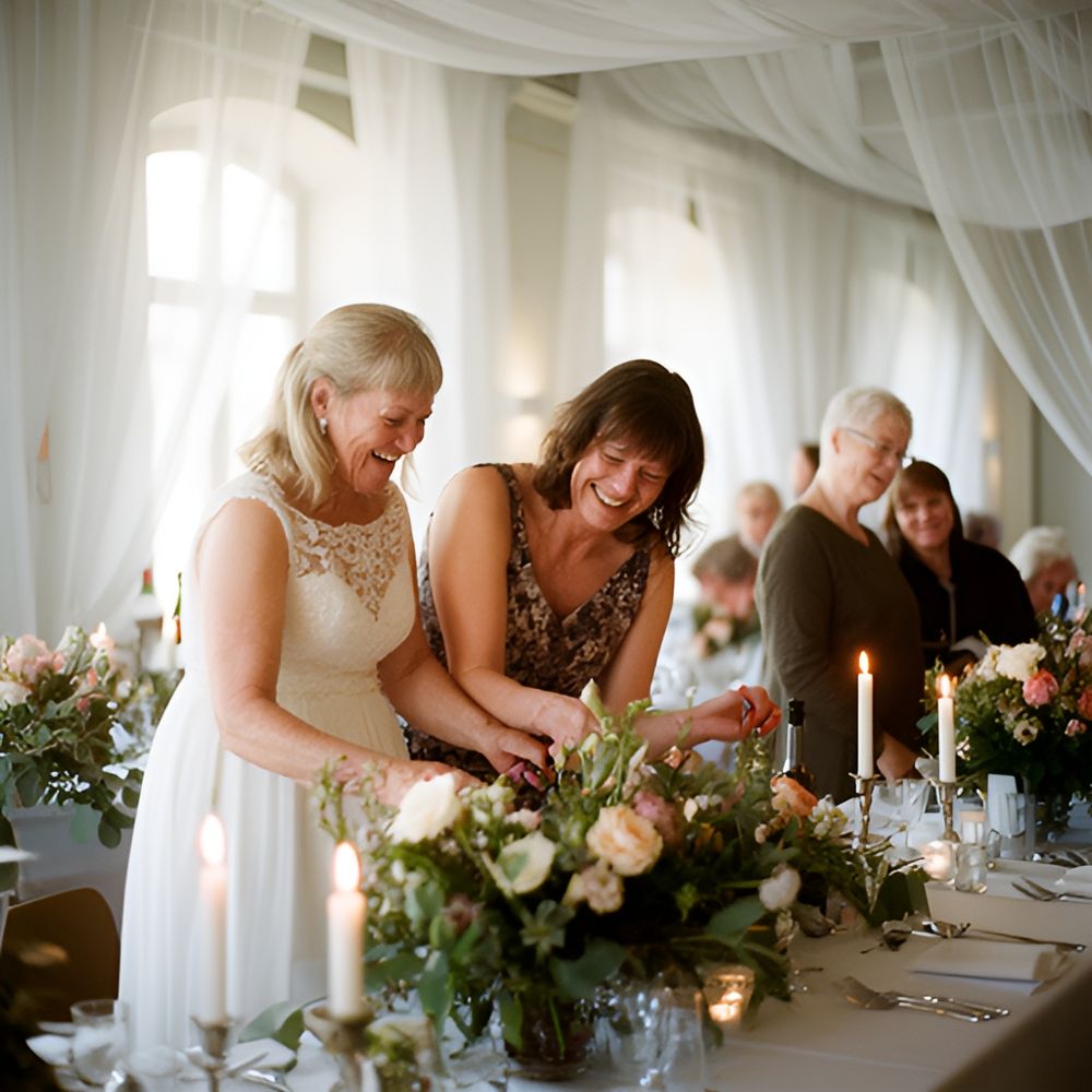 To kvinder ordner blomster og levende lys på et festbord