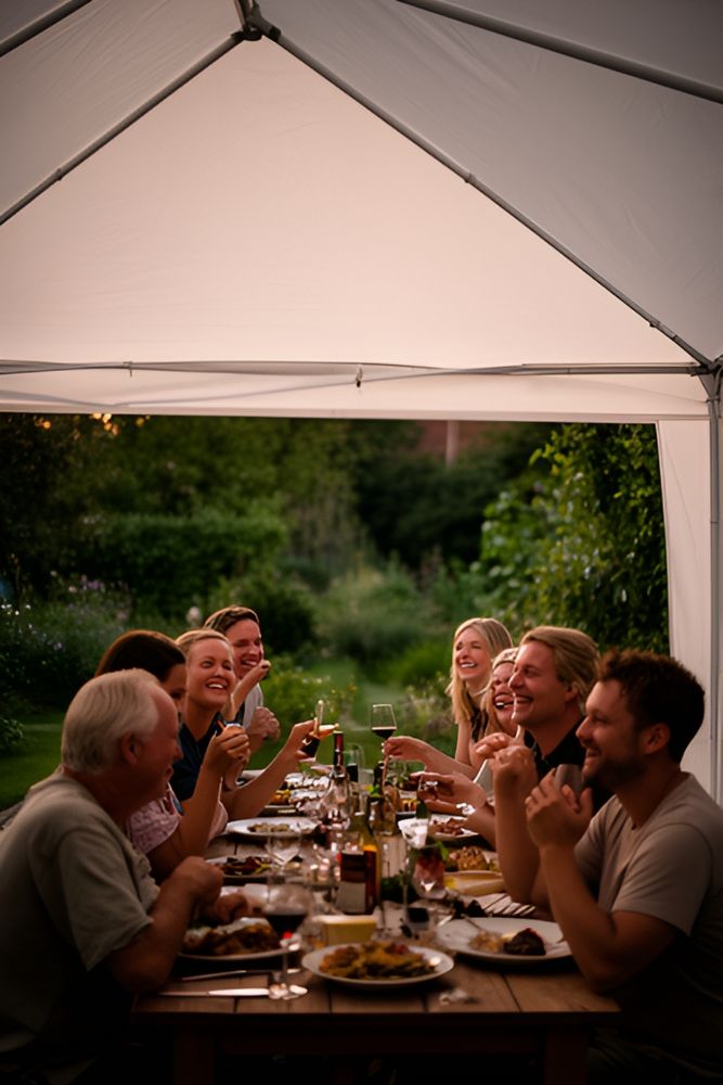 Gæster spiser og snakker ved et langbord under et åbent telt i haven