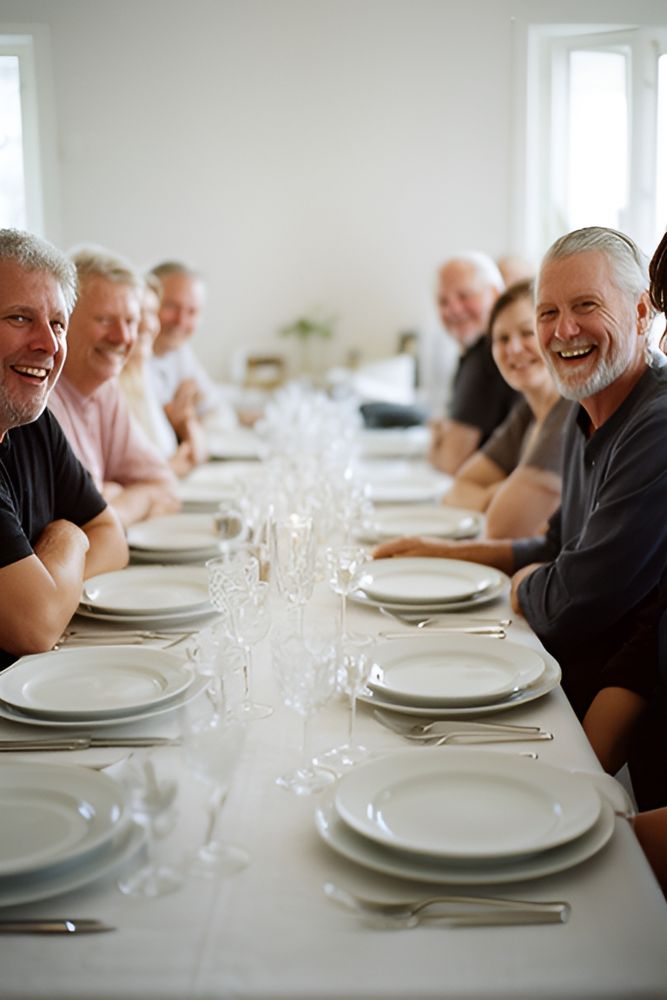 Dækket langbord med tallerkener og glas, gæster smiler i baggrunden
