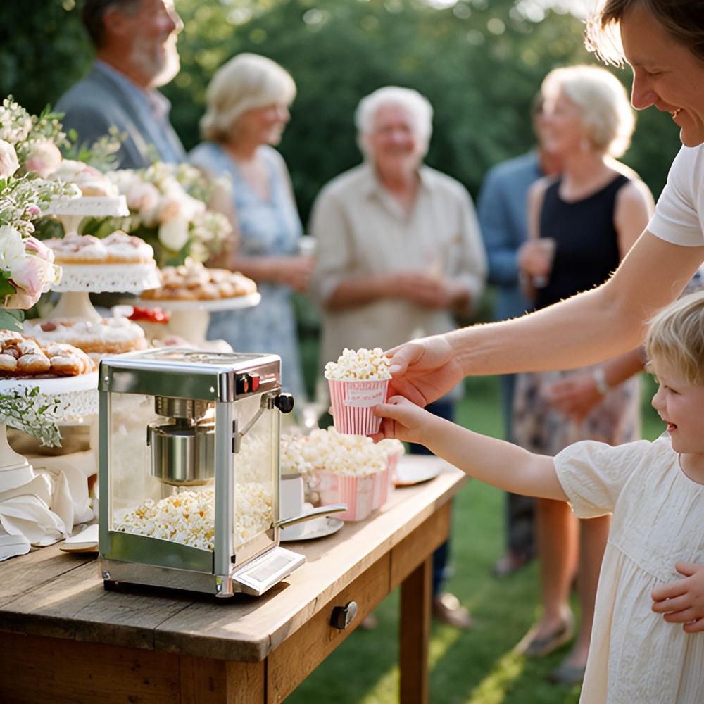 Barn får popcorn fra en popcornmaskine ved et bord med kager