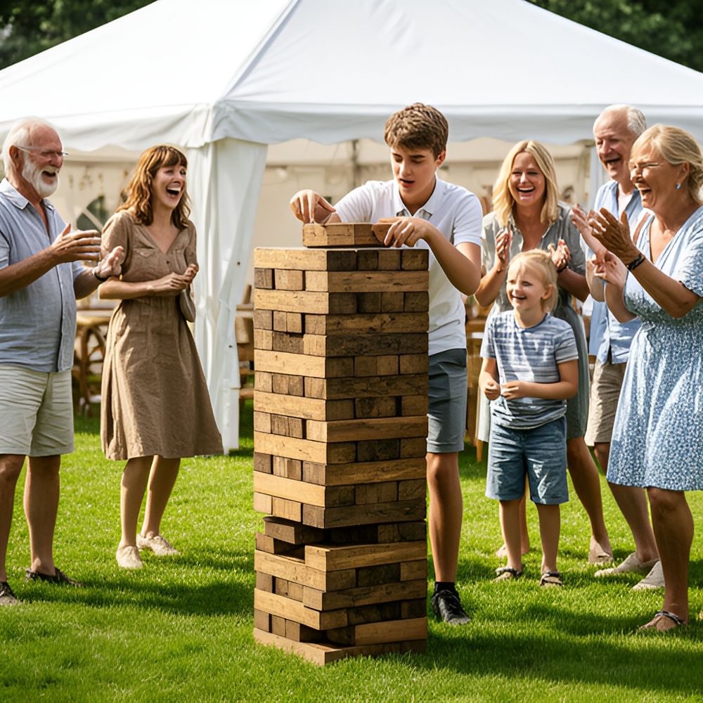 Mand og gæster ved et højt kæmpe-jenga-tårn på en græsplæne