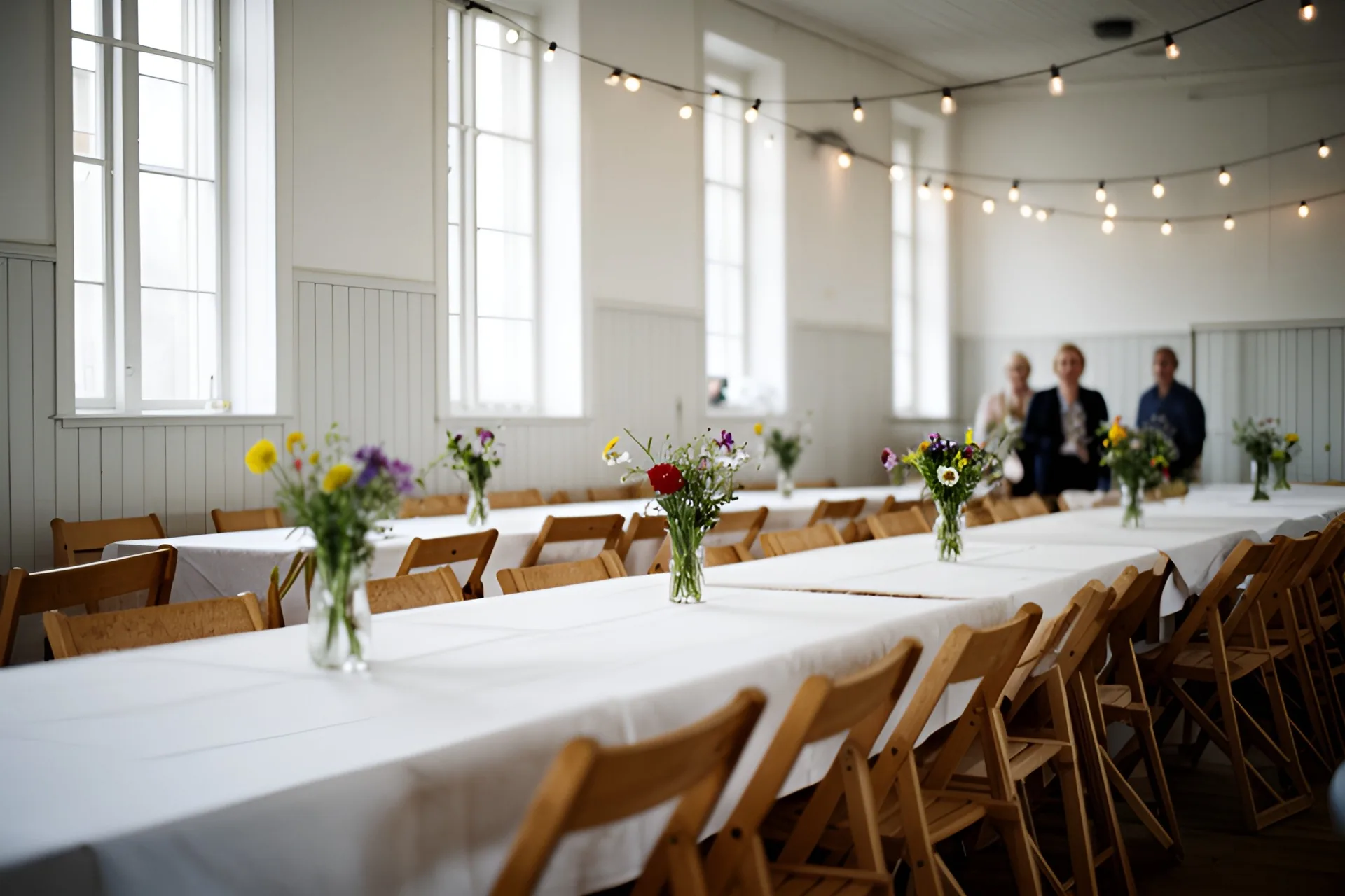 Lyst dansk forsamlingshus med hvidmalede trævægge og høje vinduer, lange træborde med hvide duge, klapstole af træ og små vaser med vilde blomster under en lyskæde, tre gæster langt væk for enden af salen