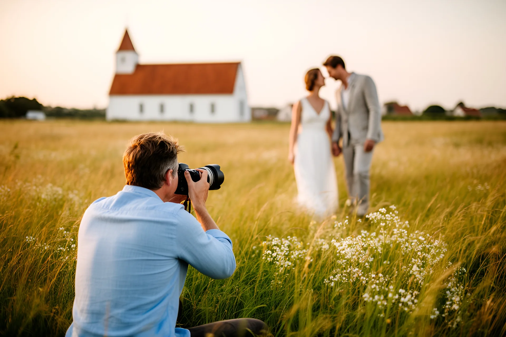 En fotograf på knæ i en blomstereng fotograferer brudeparret, der går hånd i hånd en sommeraften, en hvidkalket landsbykirke ses i baggrunden