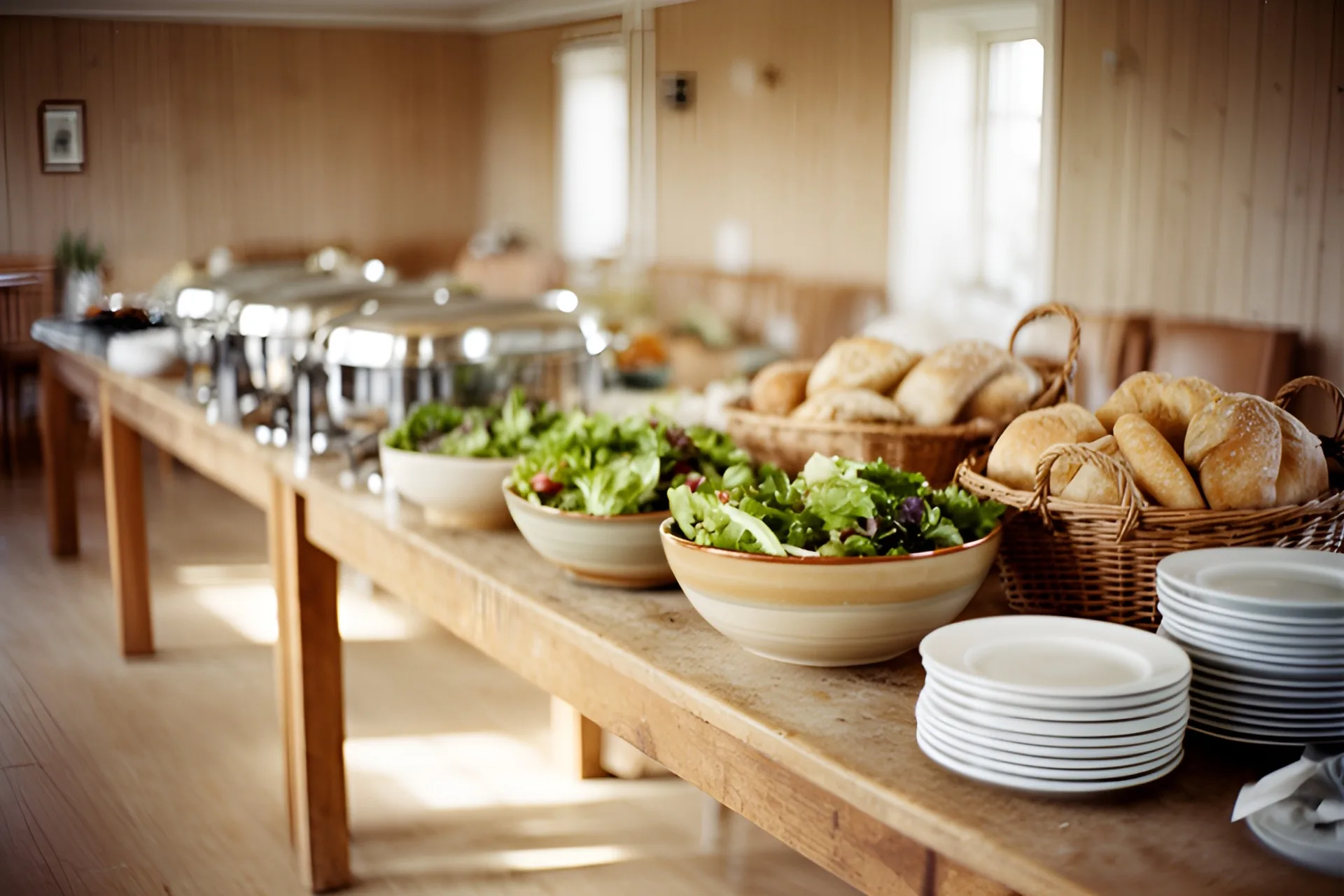 Buffetbord med varmefade, salat, brød og tallerkener i et forsamlingshus