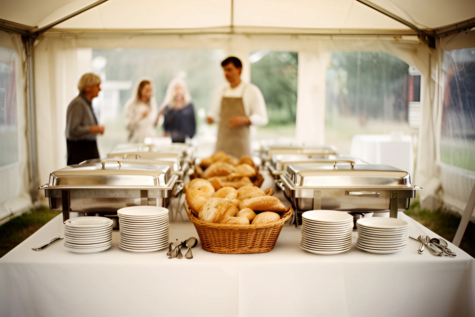 Buffetbord med varmefade, brød og tallerkener i et festtelt, kok og gæster i baggrunden