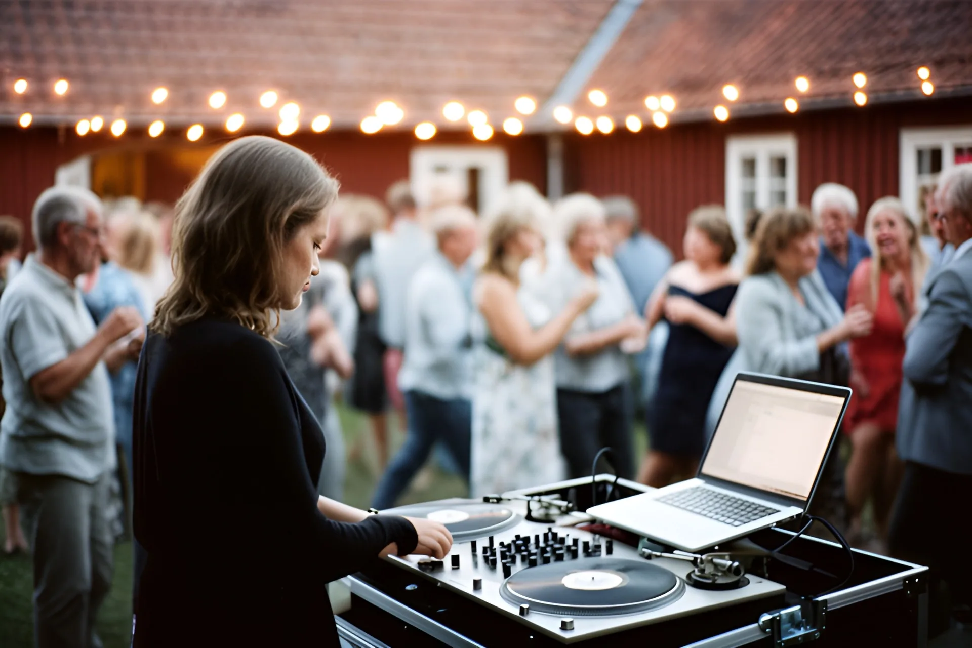 DJ ved to pladespillere og en bærbar under en lyskæde foran dansende gæster ved et rødt hus