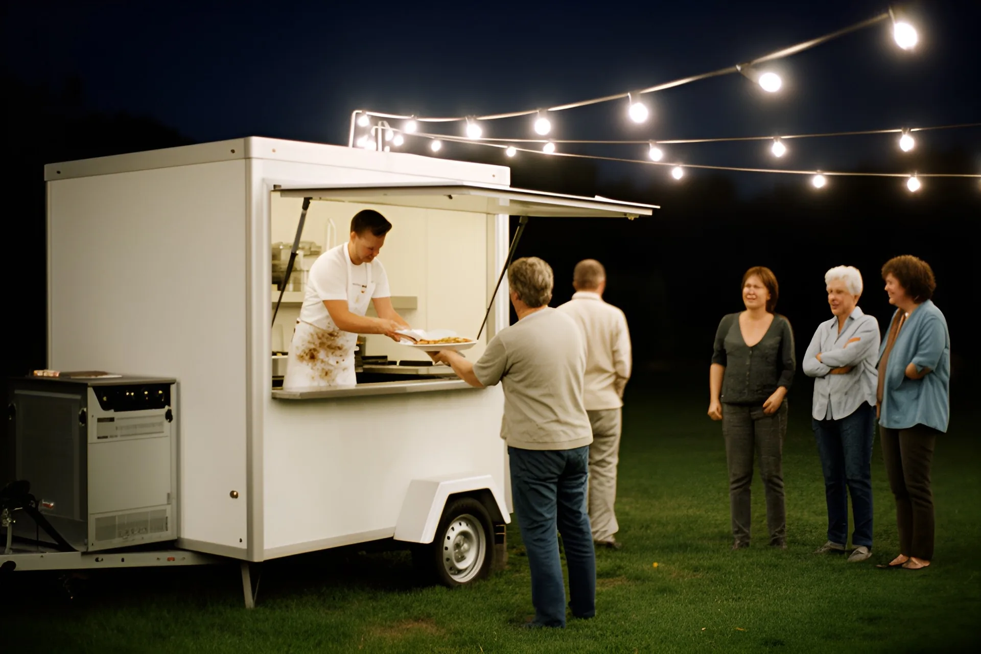 Hvid foodtruck med åben luge på en græsmark om aftenen, en kok i forklæde rækker en bakke til en gæst, tre gæster venter og lyskæder hænger over