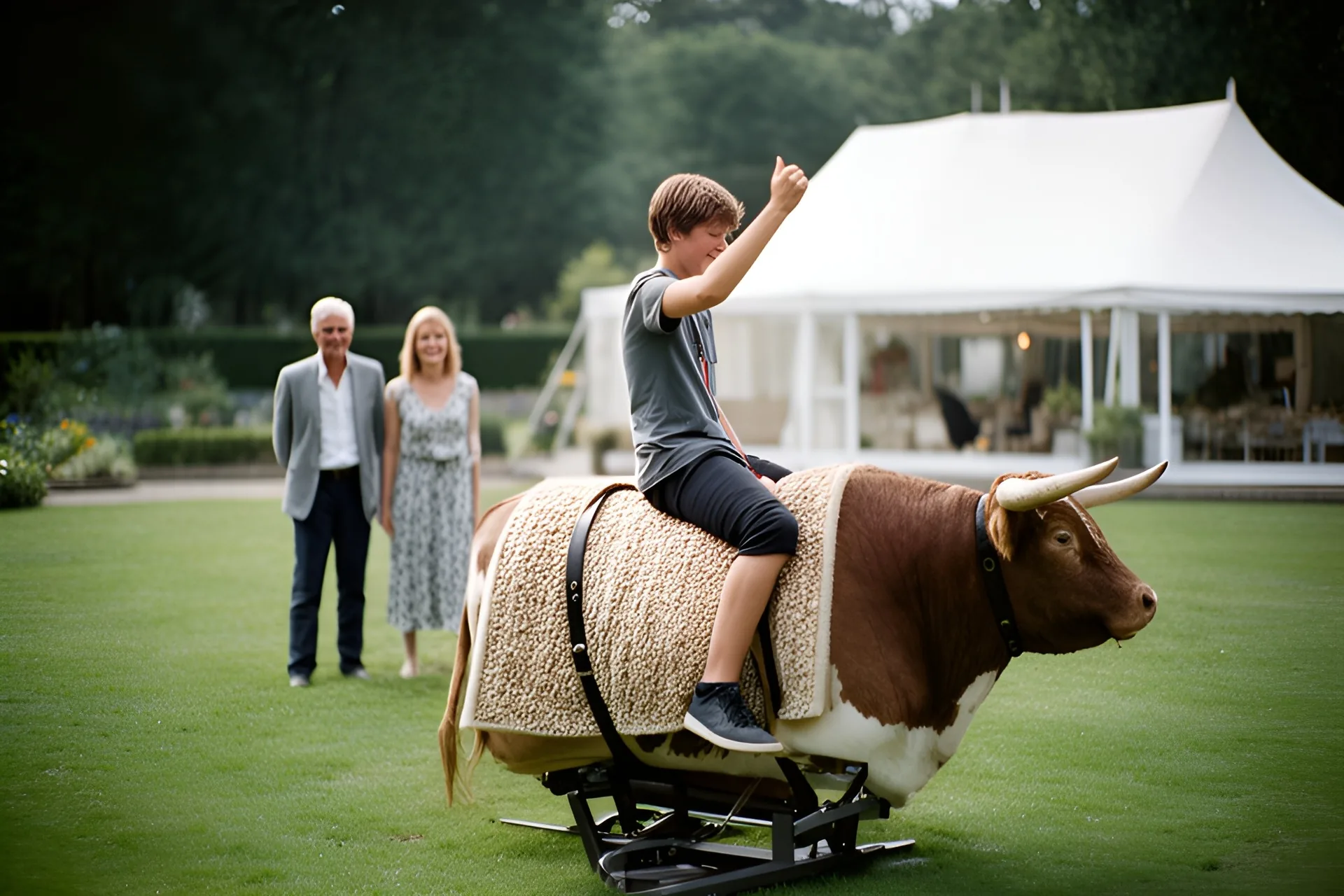 Dreng på mekanisk rodeotyr på en græsplæne, to voksne ser på, et telt bagved.