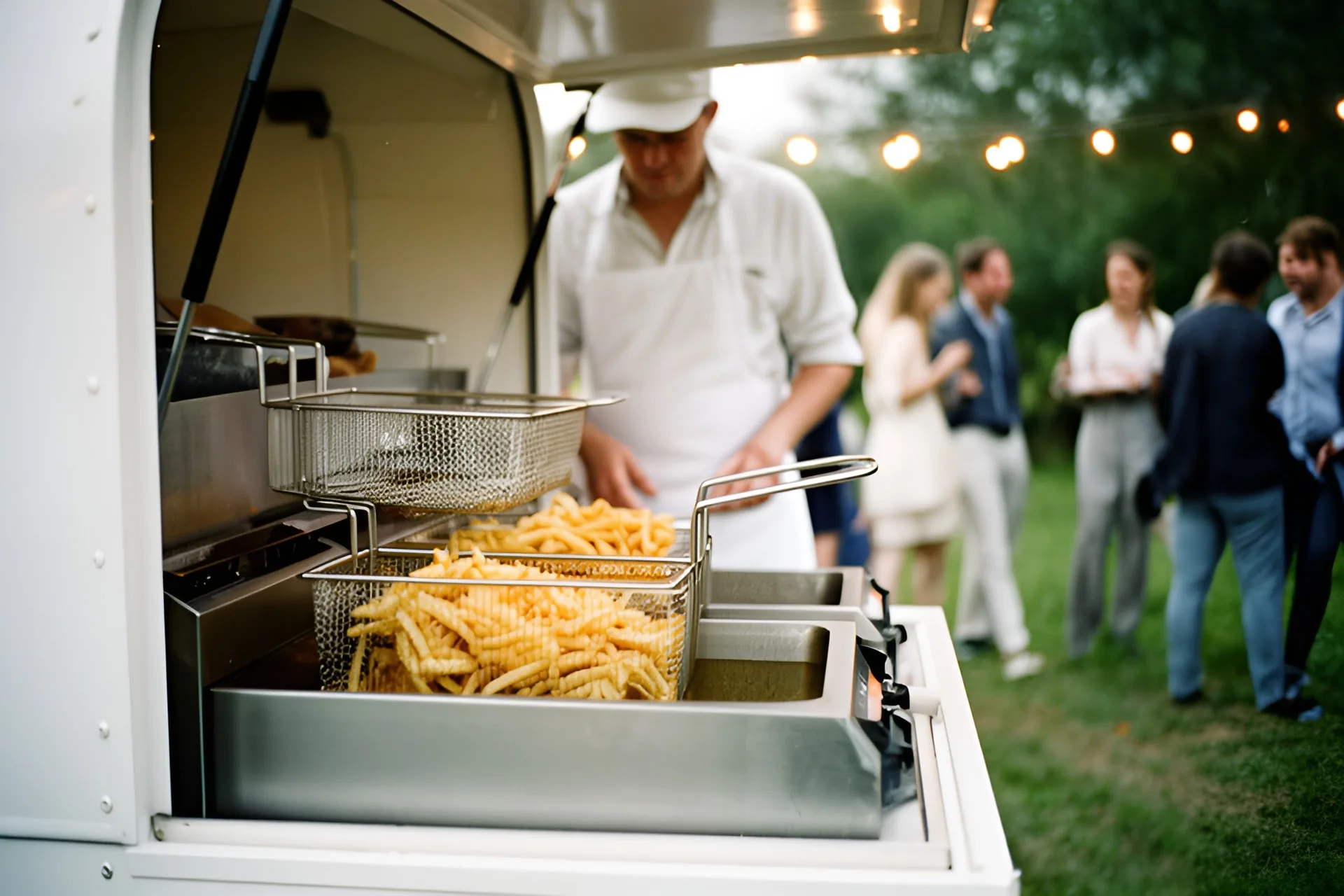 Friture med pommes frites i kurve i en hvid madvogn, kokken arbejder og gæster står i baggrunden under en lyskæde