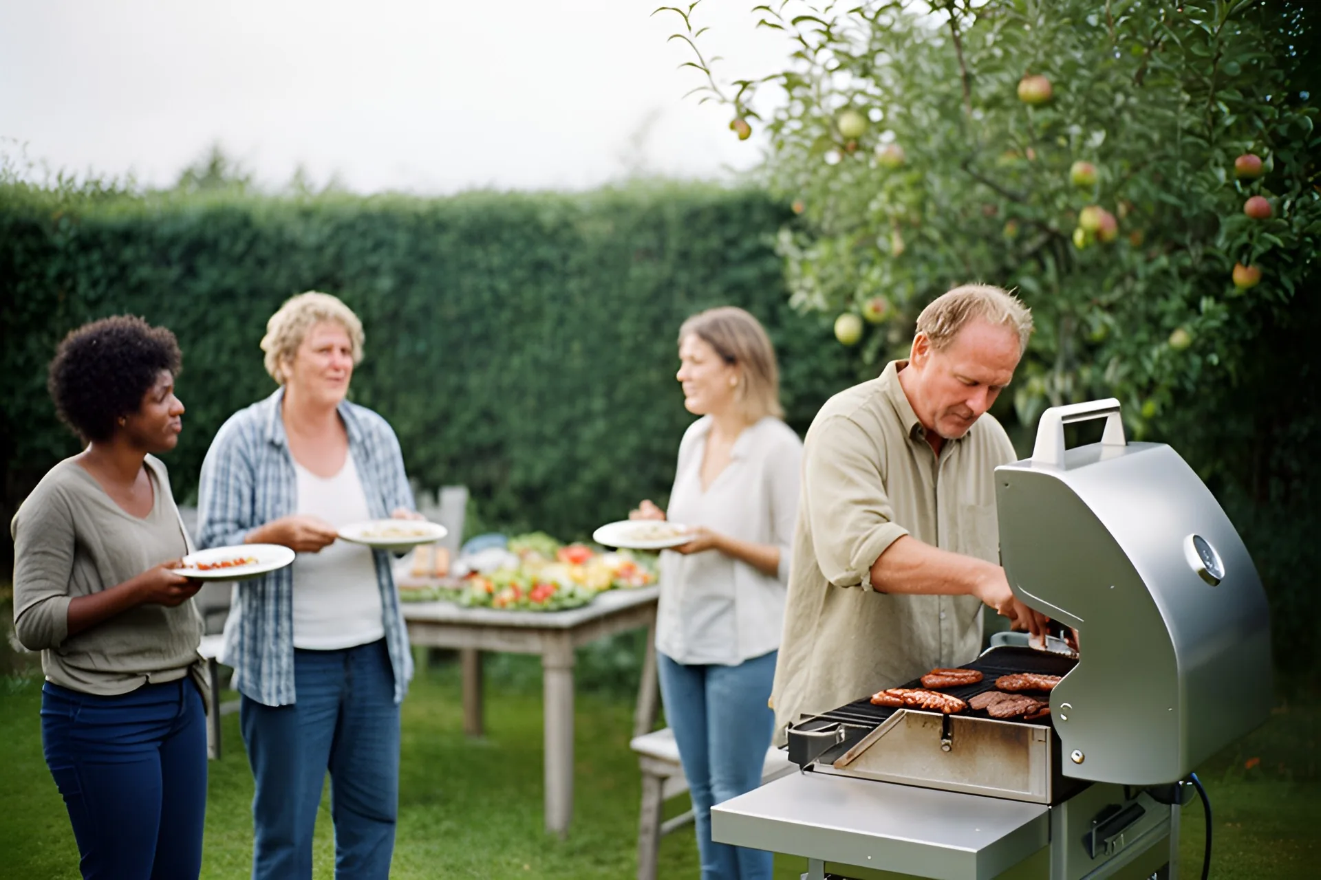 Mand grillerer pølser og bøffer på en stor rustfri gasgrill i en dansk have, tre gæster med tallerkener snakker i baggrunden.