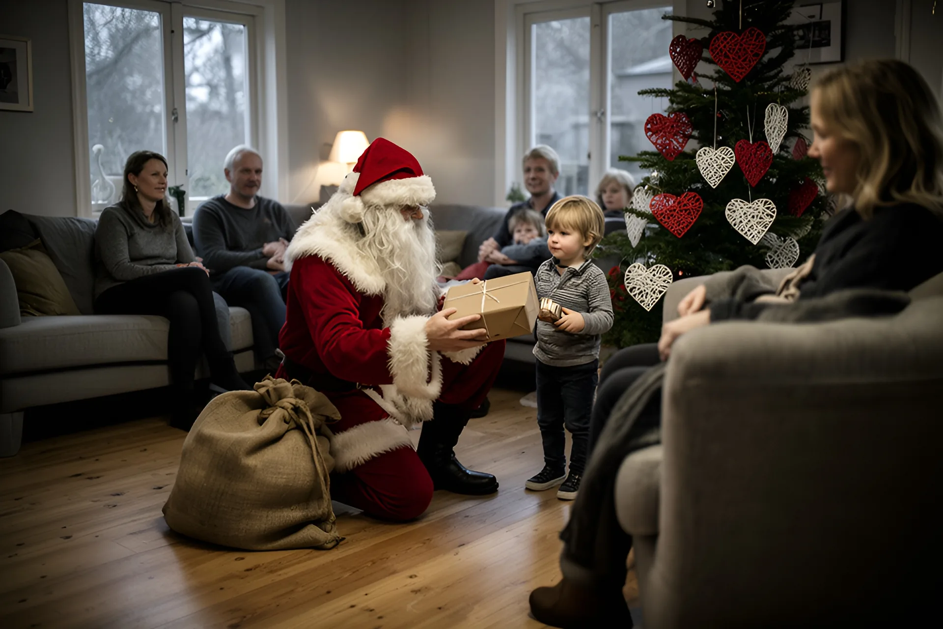 En julemand i rød dragt med langt hvidt skæg knæler på stuegulvet og giver en lille dreng en pakke, mens familien ser til fra sofaen ved juletræet med røde og hvide hjerter