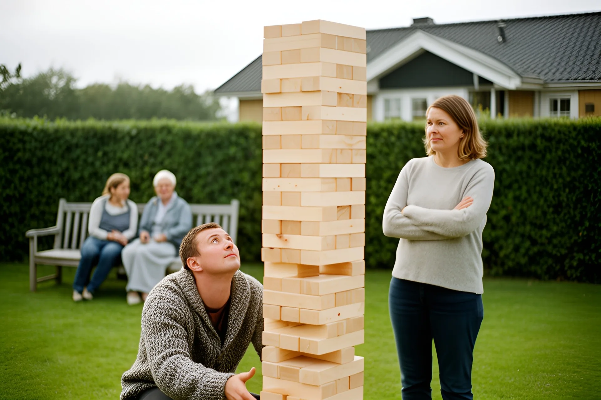 Mand tager sin tur ved et højt kæmpe-jenga-tårn på en græsplæne, kvinde ser til, to voksne sidder på bænk foran hæk og hus.