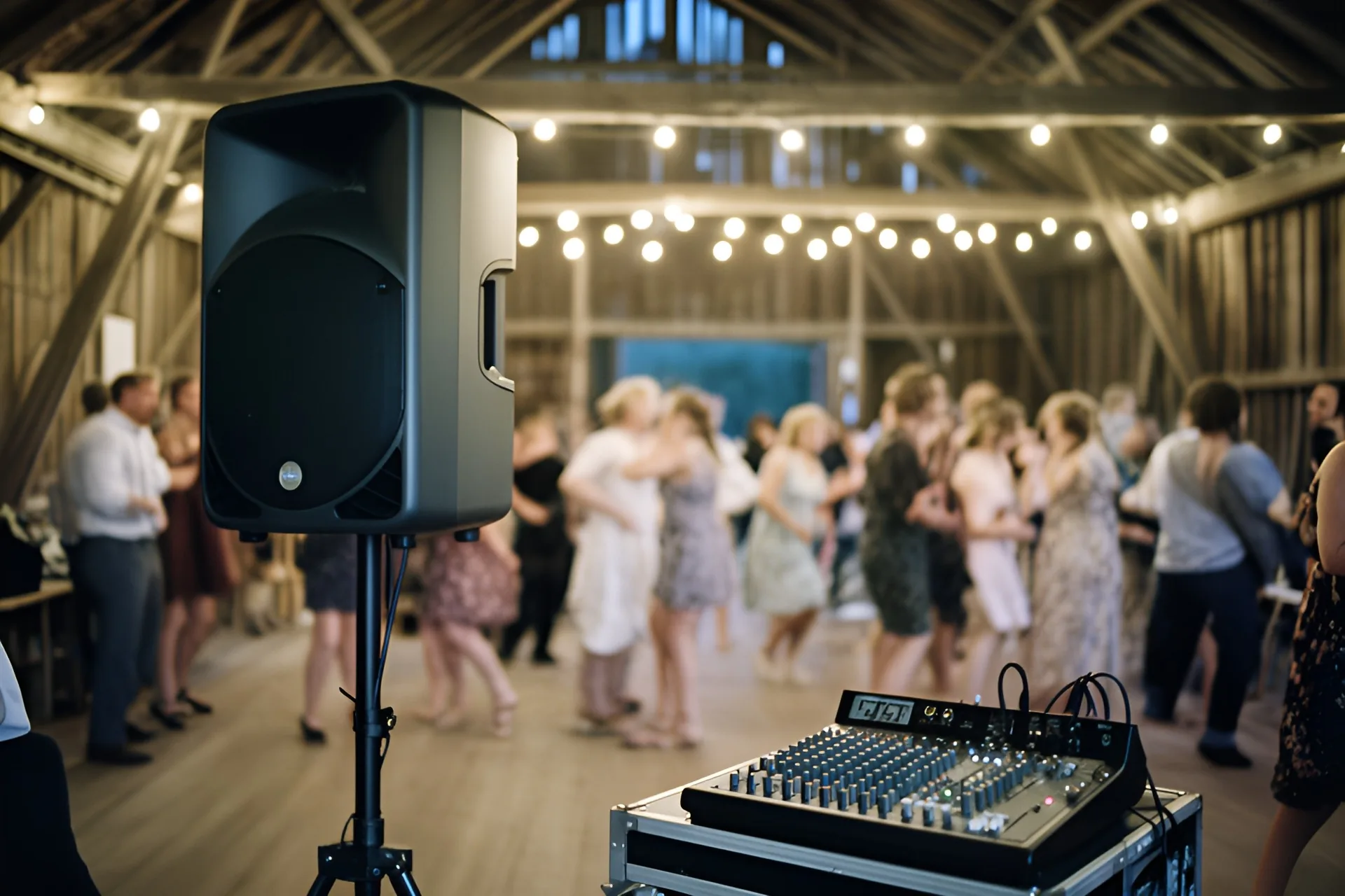 Sort højttaler på stativ og et lille mixerbord yderst på dansegulvet til en ladefest om aftenen, lyskæder under tagspærene og dansende gæster som bløde silhuetter bagved