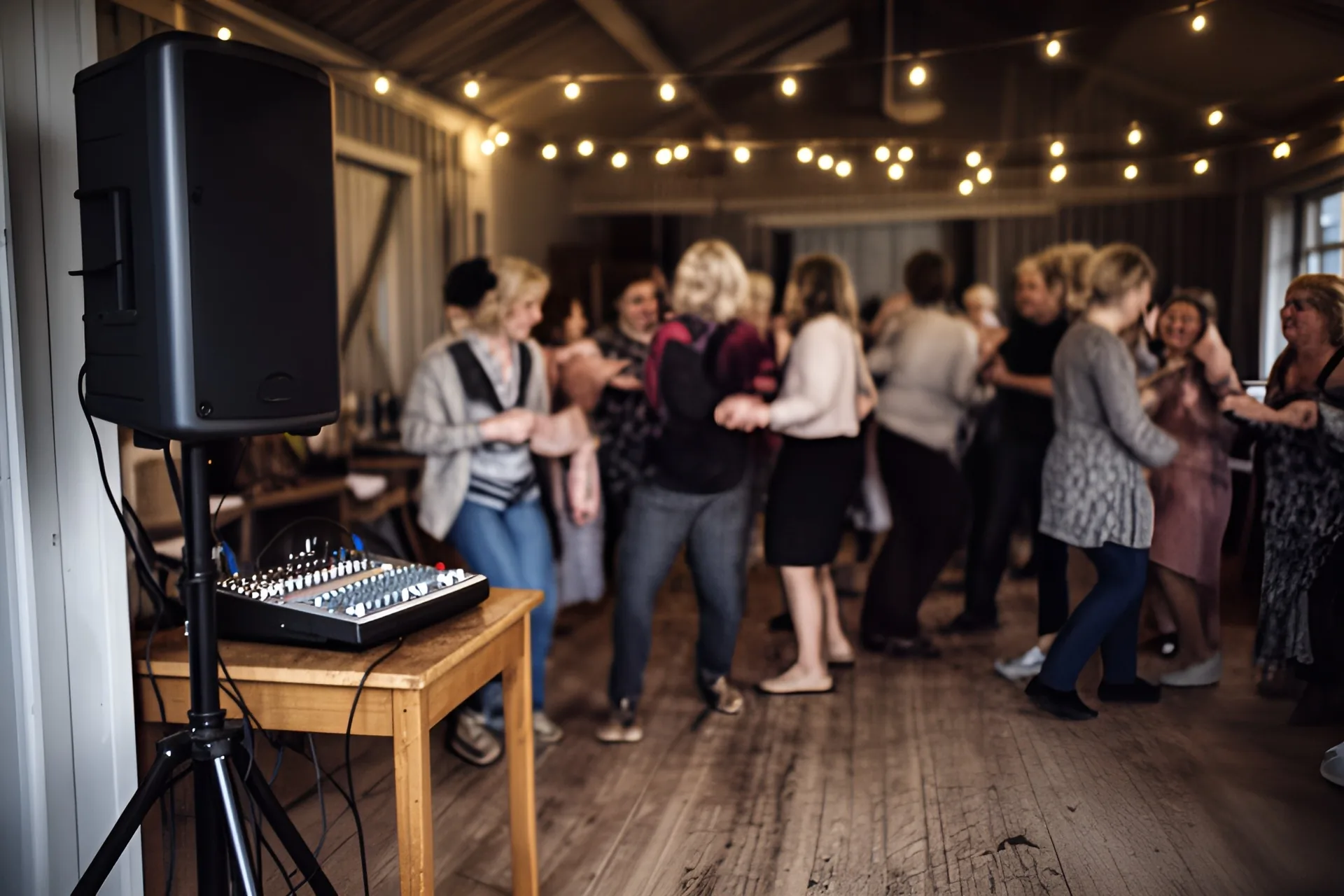 Sort aktiv højttaler på stativ og en lille mixer på et træbord i et forsamlingshus om aftenen, mens gæster danser i baggrunden under lyskæder.