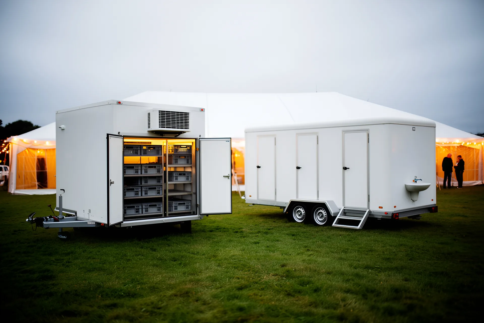 En hvid køletrailer med åbne sidedøre, hylder med grå kasser og en køleenhed over dørene står ved siden af en hvid toiletvogn med tre døre, trin og håndvask, på en græsmark foran et oplyst festtelt, to gæster taler langt væk, overskyet aften