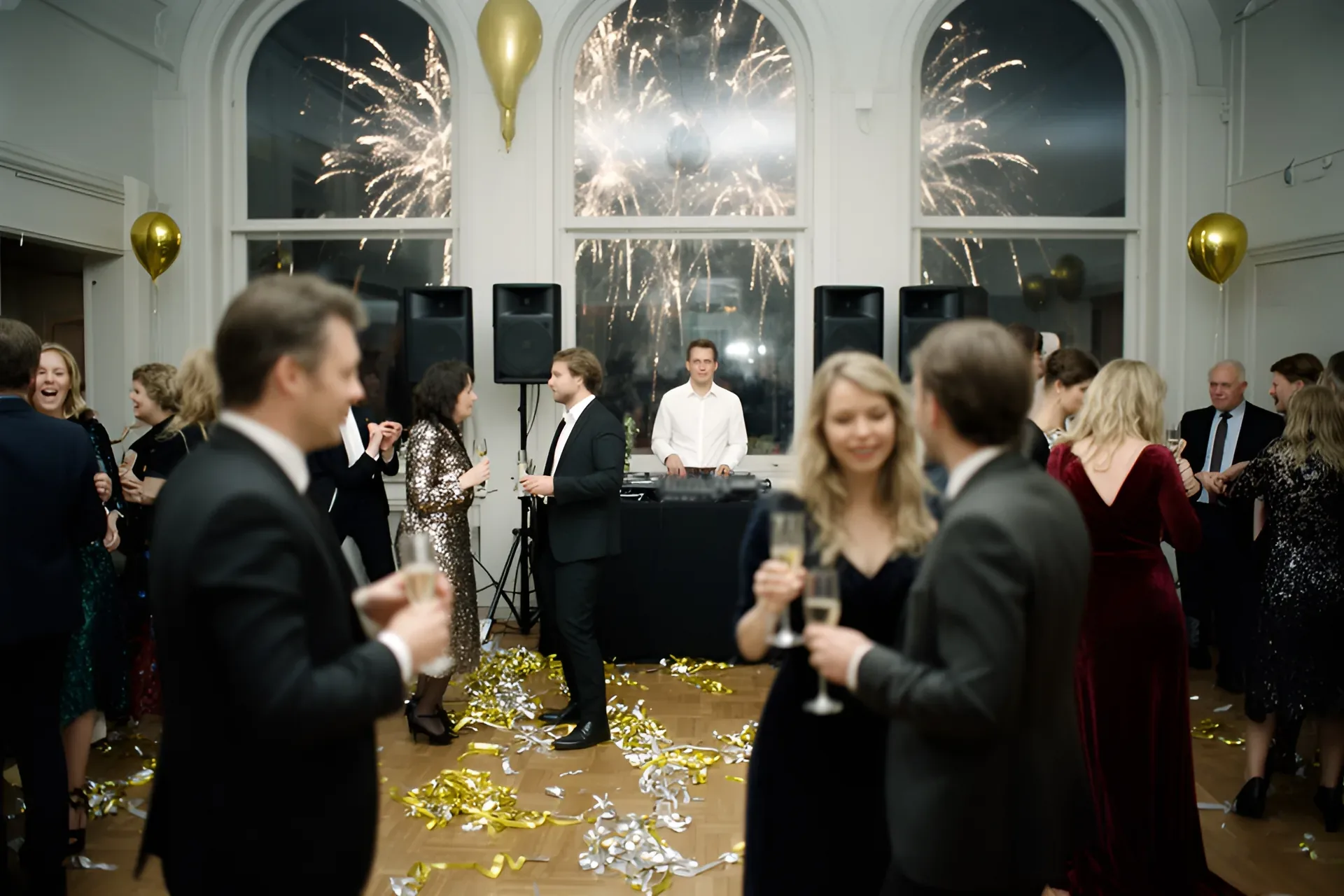Gæster i festtøj med champagneglas og en DJ bag pulten i en sal med guld- og sølvserpentiner på gulvet, guldballoner og fyrværkeri uden for de høje vinduer ved midnat nytårsaften