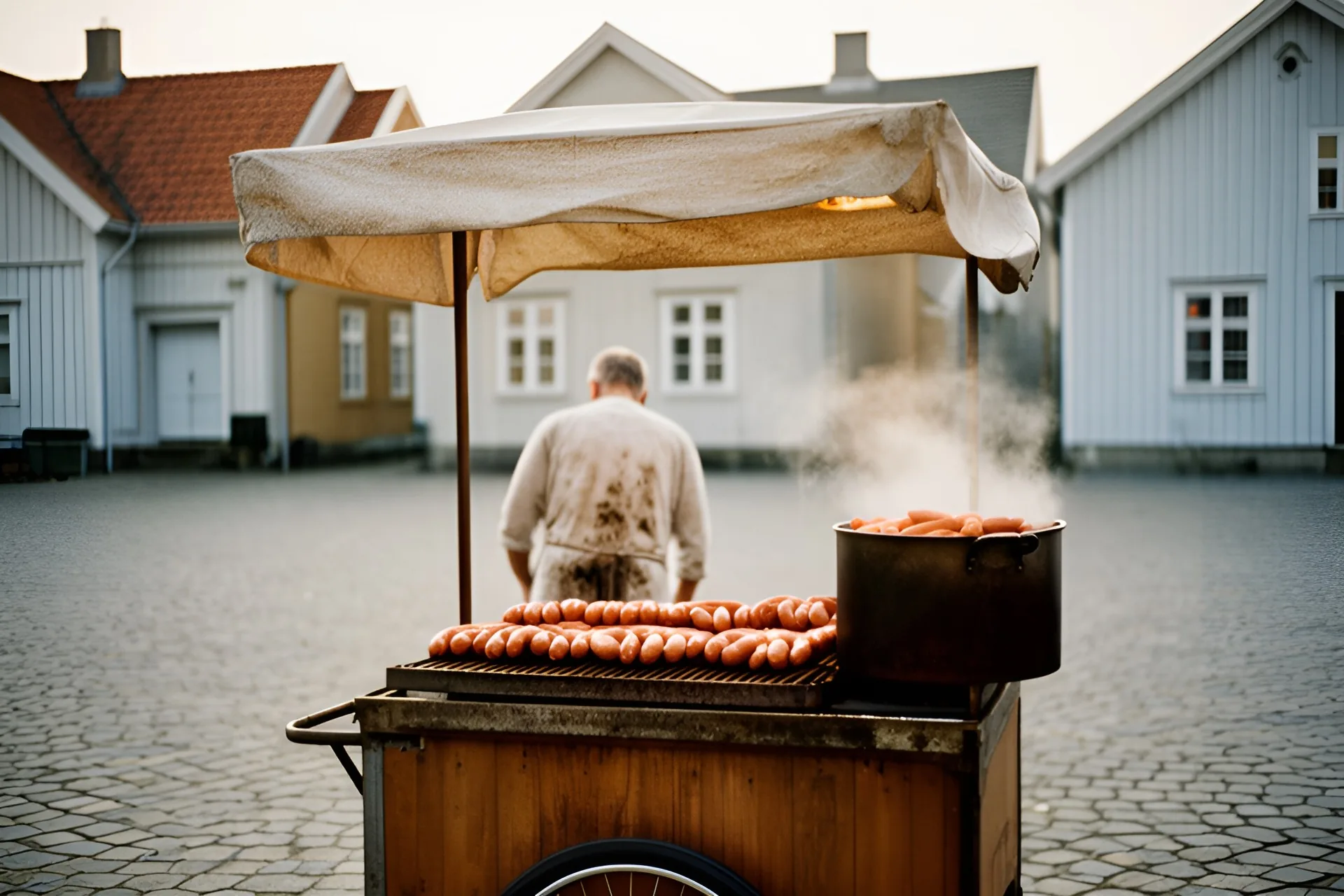 Pølsevogn med pølser på grillen og kedel med damp på et brolagt torv, sælgeren set bagfra