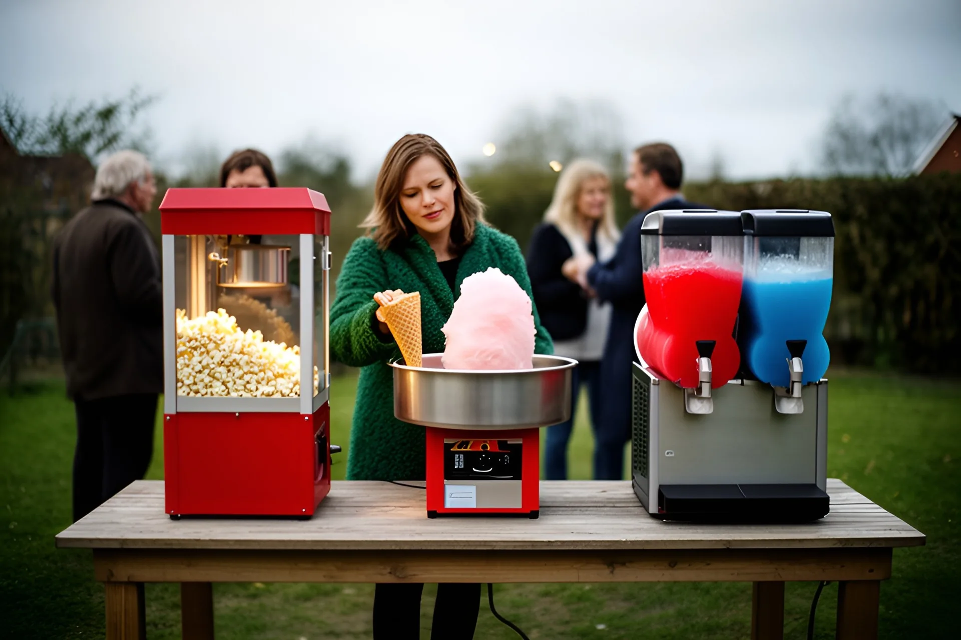 En kvinde i grøn jakke holder en vaffel ved en candyflossmaskine på et havebord, ved siden af står en popcornmaskine og en slushmaskine med rød og blå slush, gæster taler i baggrunden