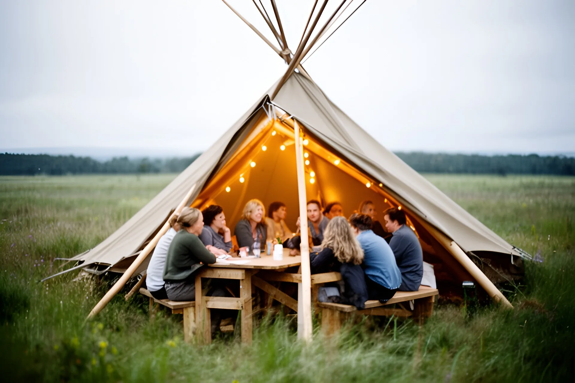 Gæster sidder omkring et langbord i en tipi i en eng i skumringen, lyskæde under teltdugen