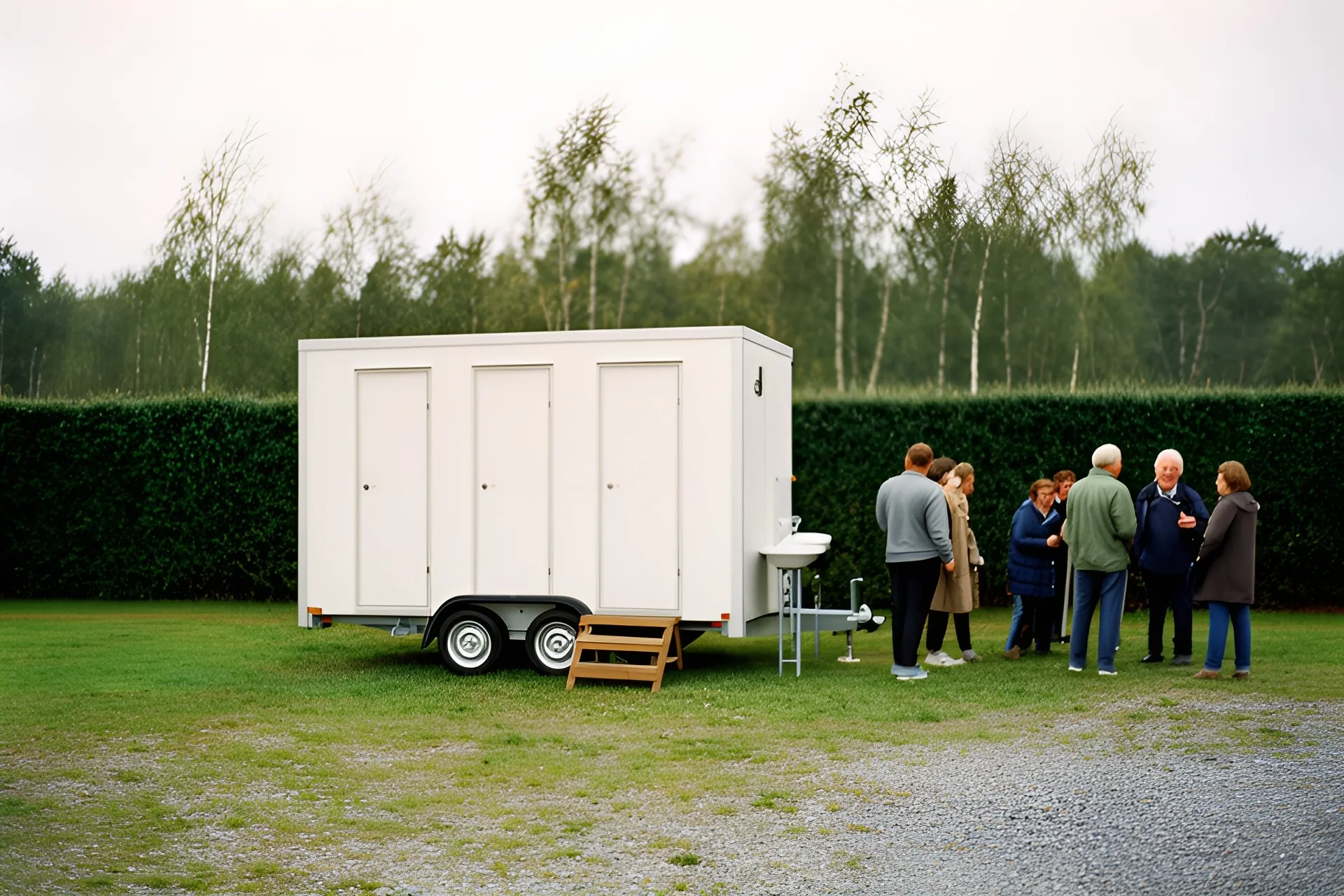 Hvid toiletvogn på to aksler med tre smalle døre, trappetrin og håndvask på en græs- og grusplads med levende hegn og birketræer, få gæster taler sammen ved siden af