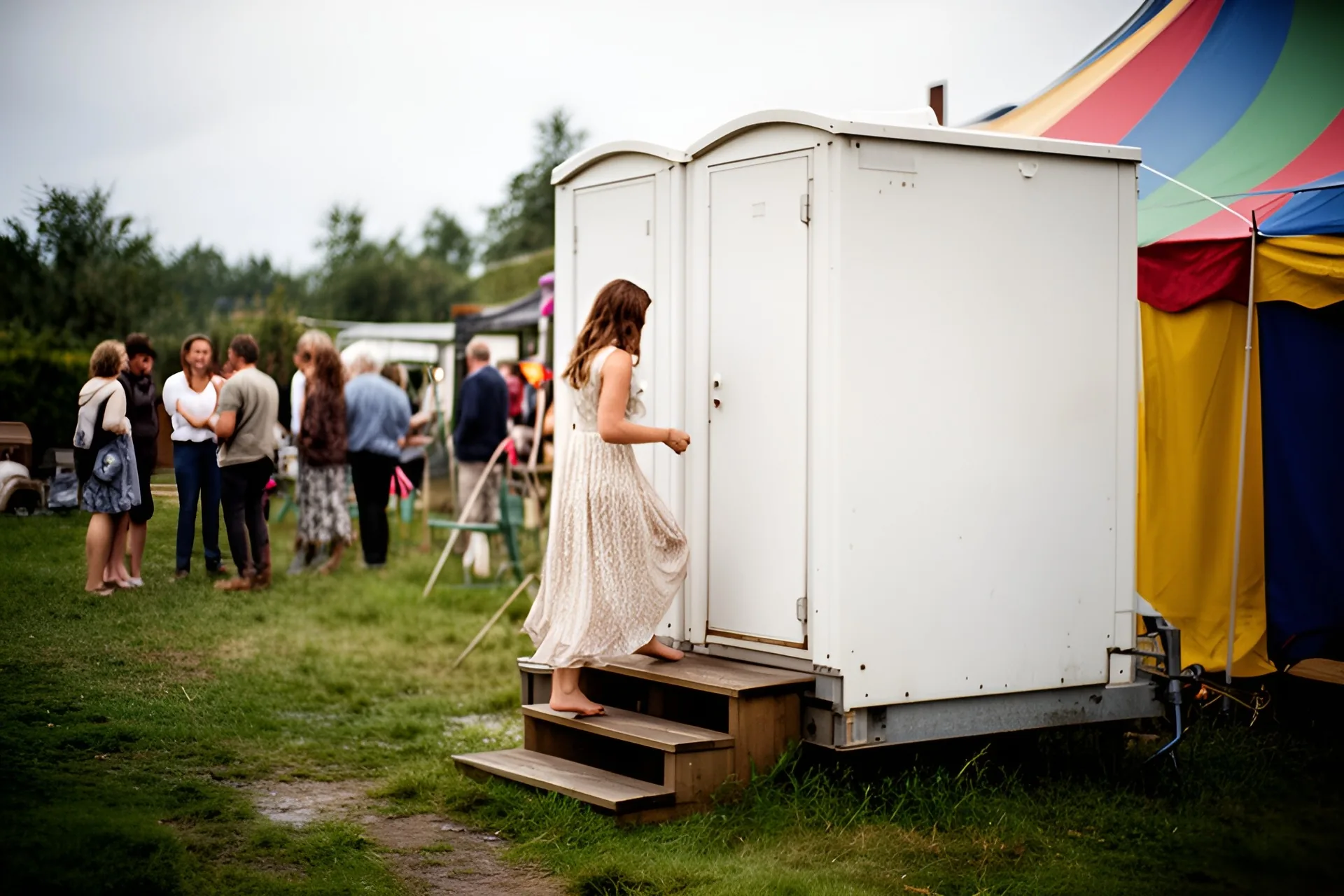Mobil toiletkabine på undervogn ved udendørs fest