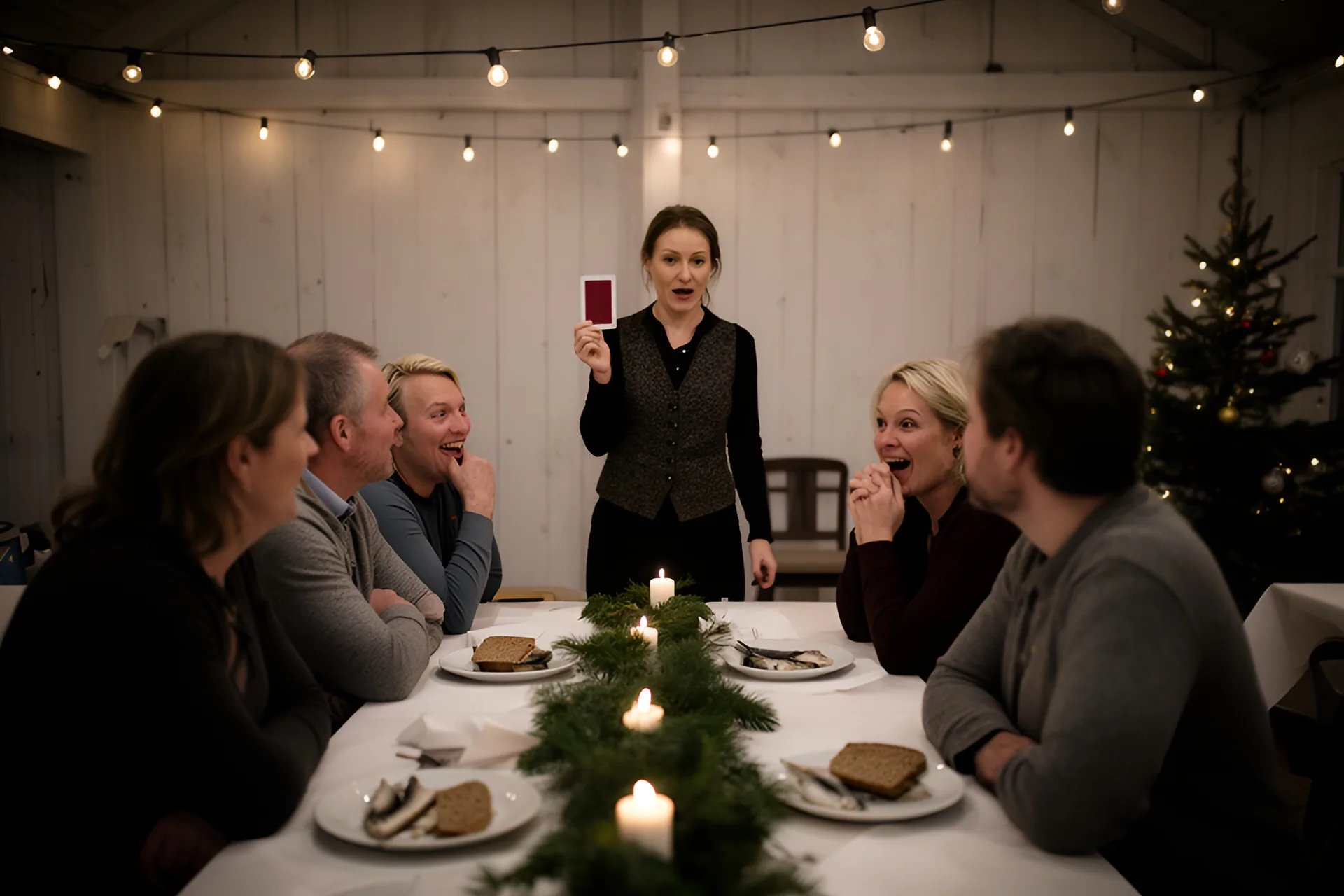 En tryllekunstner i vest holder et spillekort op for kolleger, der læner sig frem ved julefrokostbordet med rugbrød, sild og en grankrans med levende lys i et forsamlingshus med lyskæder og juletræ