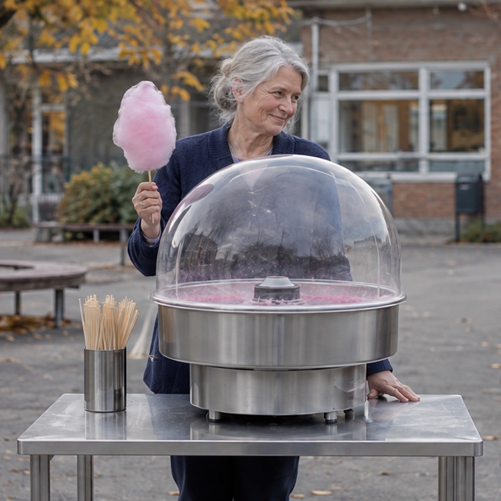 En frivillig holder en færdig candyfloss ved en candyflossmaskine.