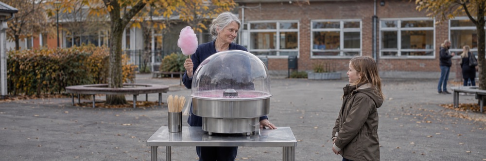 En frivillig holder en færdig candyfloss ved en candyflossmaskine.