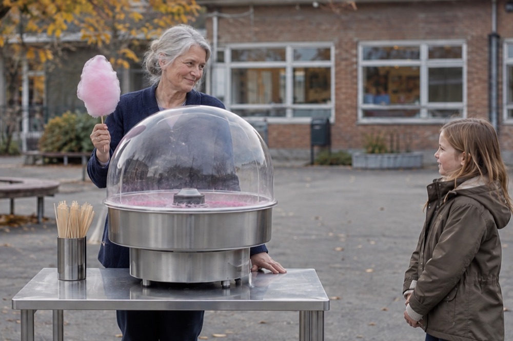En frivillig holder en færdig candyfloss ved en candyflossmaskine.