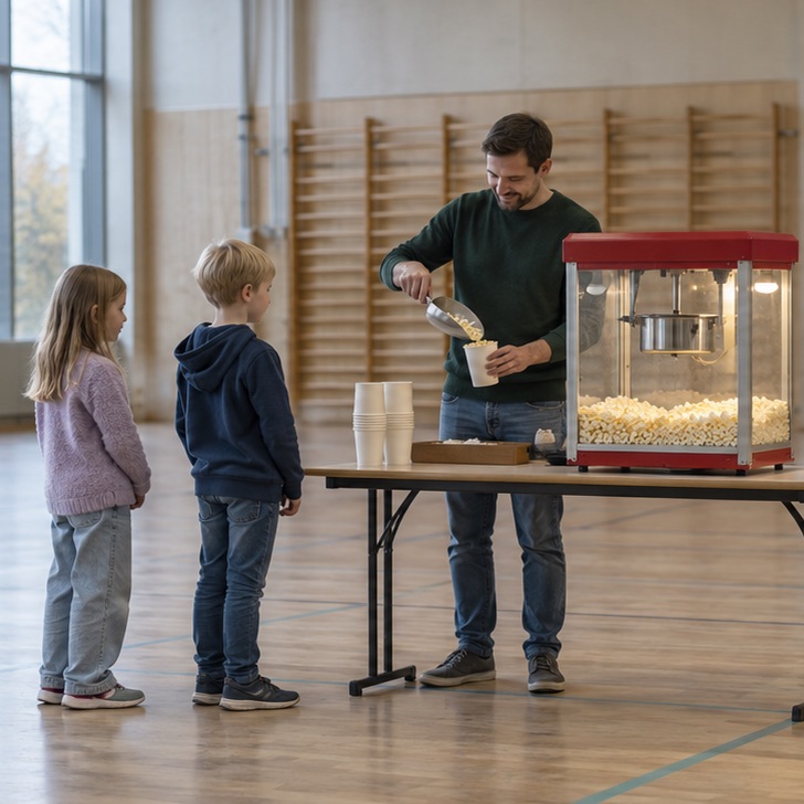 En frivillig fylder popcorn i et bæger ved en skolefest.