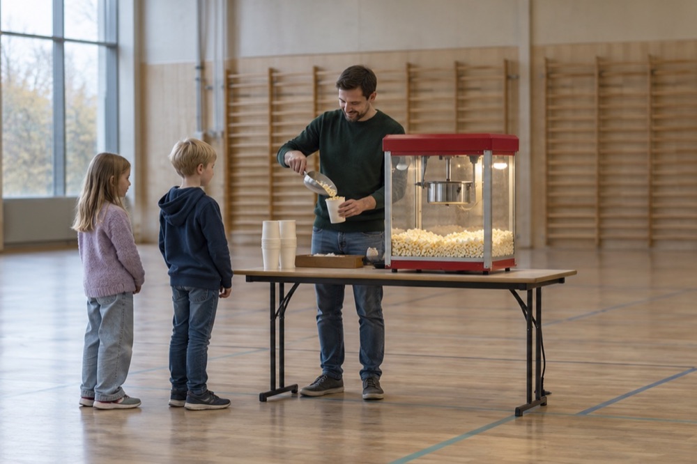 En frivillig fylder popcorn i et bæger ved en skolefest.
