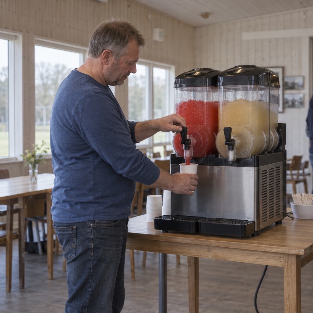 En voksen tapper slushice fra en maskine med to beholdere.