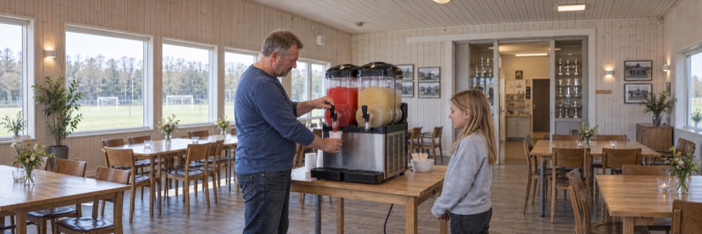 En voksen tapper slushice fra en maskine med to beholdere.