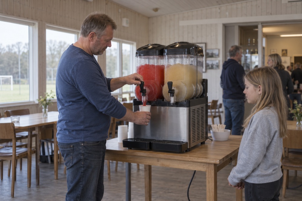 En voksen tapper slushice fra en maskine med to beholdere.