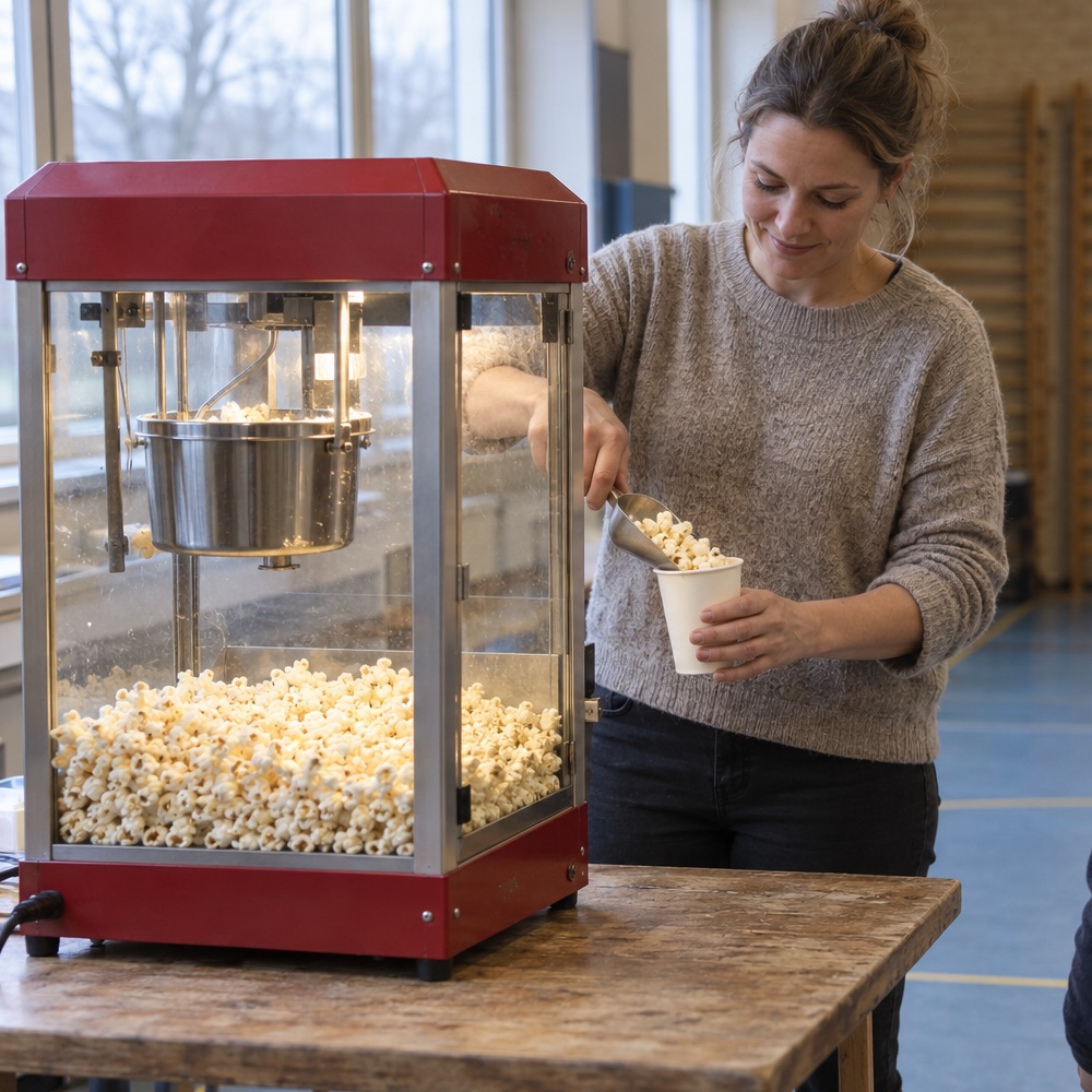 En frivillig serverer popcorn fra en popcornmaskine ved en skolefest.