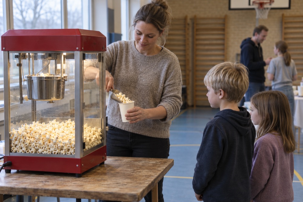 Kvinde øser popcorn fra en rød popcornmaskine i en gymnastiksal, to børn står i kø