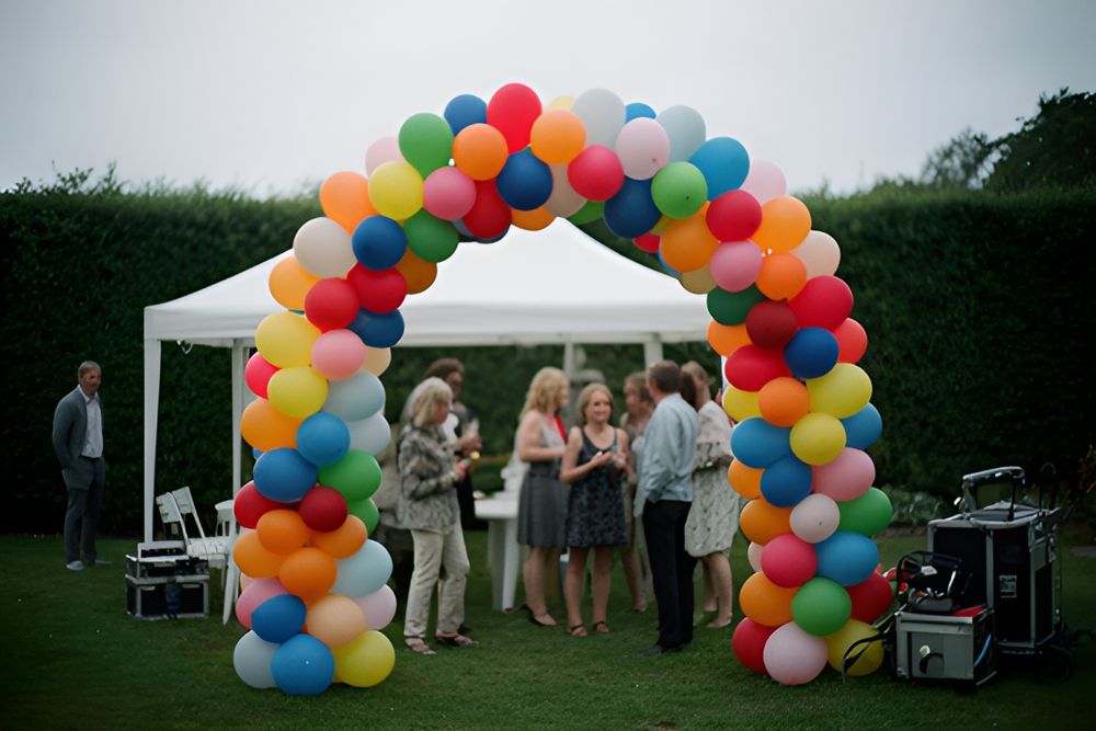 Gæster står og snakker under en ballonbue foran et hvidt pavillontelt i en have
