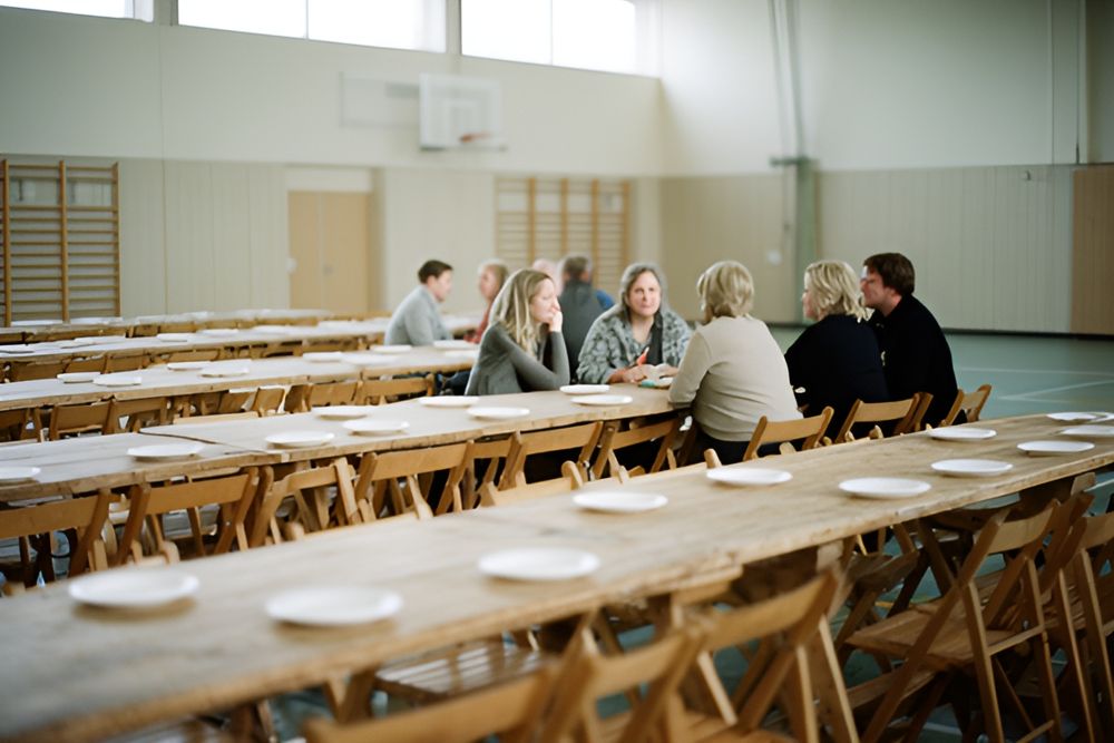 Lange træborde med klapstole sat op i række i en gymnastiksal