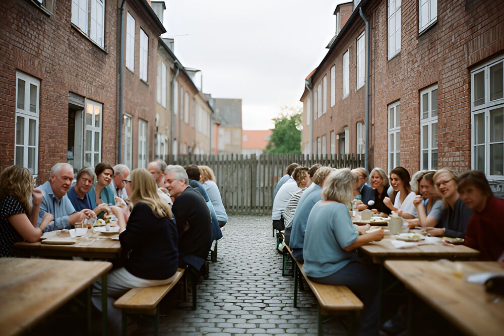 Naboer sidder ved lange bord- og bænkesæt midt i en brolagt gade og spiser og taler